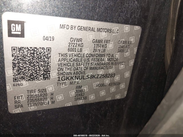 46169319 :رقم المزاد ، 1GKKNULS8KZ258283 vin ، 2019 Gmc Acadia Slt-1 مزاد بيع