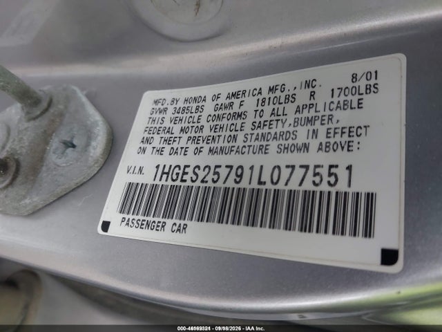 Aukcja sprzedaży 2001 Honda Civic Ex, vin: 1HGES25791L077551, numer aukcji: 46169321