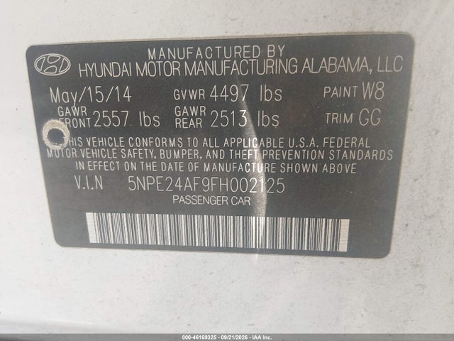 Продажа на аукционе авто 2015 Hyundai Sonata Se, vin: 5NPE24AF9FH002125, номер лота: 46169325