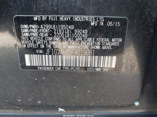 46169341 :رقم المزاد ، JF1GJAK65FH019081 vin ، 2015 Subaru Impreza 2.0i Premium مزاد بيع