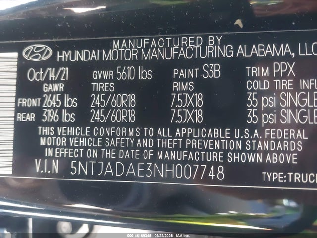 2022 Hyundai Santa Cruz Se მანქანა იყიდება აუქციონზე, vin: 5NTJADAE3NH007748, აუქციონის ნომერი: 46169345