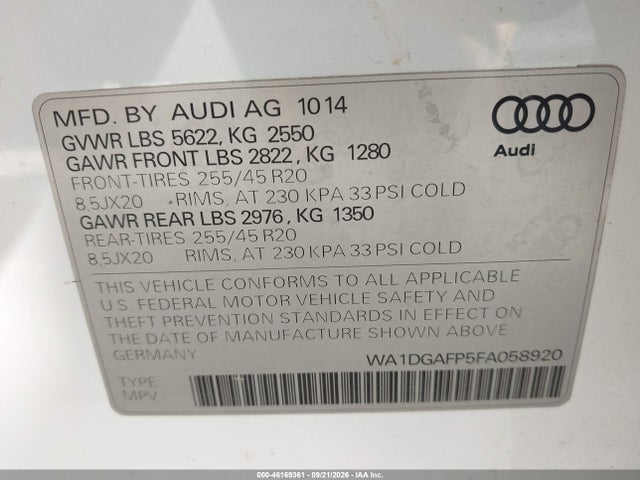 Продажа на аукционе авто 2015 Audi Q5 3.0t Premium Plus, vin: WA1DGAFP5FA058920, номер лота: 46169361