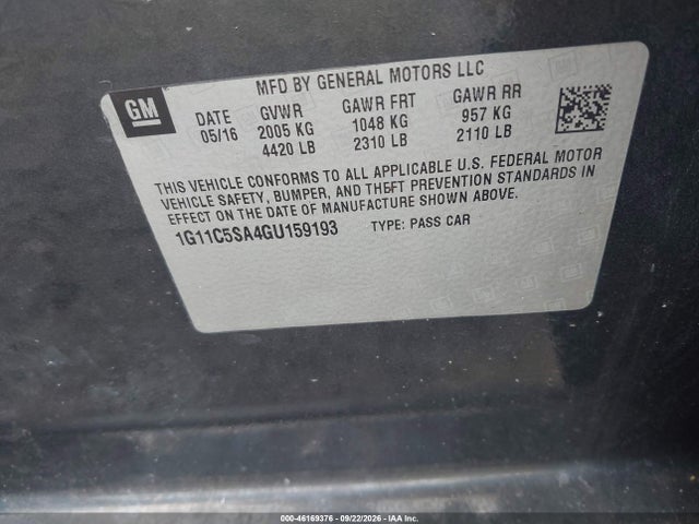 Продажа на аукционе авто 2016 Chevrolet Malibu Limited Lt, vin: 1G11C5SA4GU159193, номер лота: 46169376