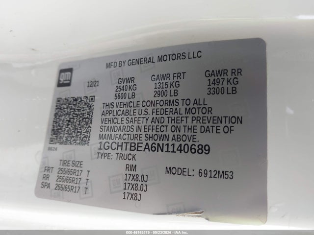 46169379 :رقم المزاد ، 1GCHTBEA6N1140689 vin ، 2022 Chevrolet Colorado 4wd  Long Box Wt مزاد بيع