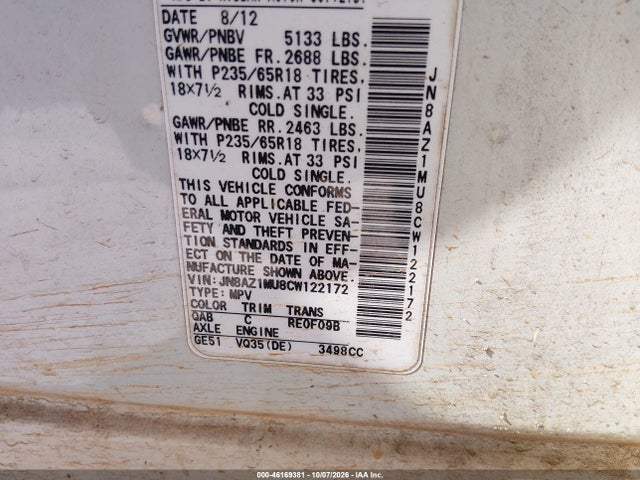 2012 Nissan Murano Sv მანქანა იყიდება აუქციონზე, vin: JN8AZ1MU8CW122172, აუქციონის ნომერი: 46169381
