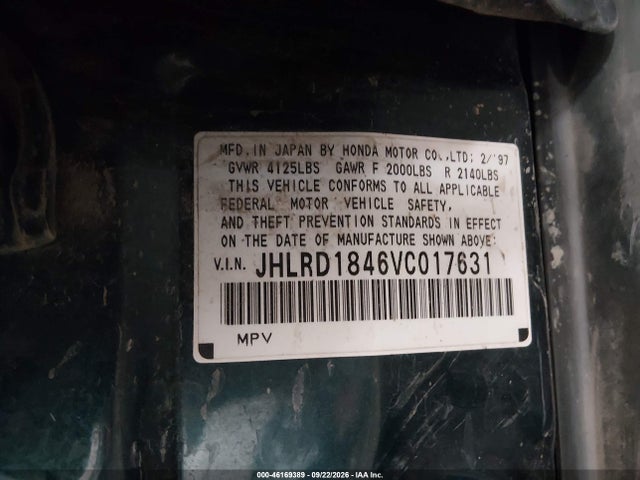 Продаж на аукціоні авто 1997 Honda Cr-v, vin: JHLRD1846VC017631, номер лоту: 46169389