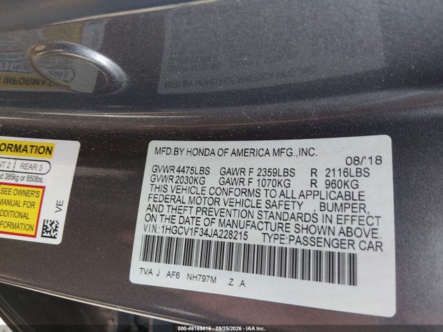 2018 Honda Accord Sport მანქანა იყიდება აუქციონზე, vin: 1HGCV1F34JA228215, აუქციონის ნომერი: 46169416