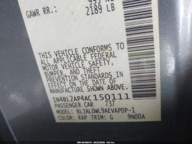 2010 Nissan Altima 3.5 Sr მანქანა იყიდება აუქციონზე, vin: 1N4BL2AP4AC150111, აუქციონის ნომერი: 46169419