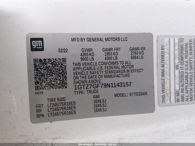 2022 Gmc Savana Cargo Rwd 3500 Regular Wheelbase Work Van მანქანა იყიდება აუქციონზე, vin: 1GTZ7GF79N1143157, აუქციონის ნომერი: 46169422