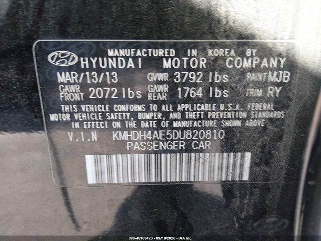 2013 Hyundai Elantra Limited მანქანა იყიდება აუქციონზე, vin: KMHDH4AE5DU820810, აუქციონის ნომერი: 46169423