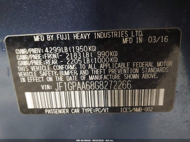46169440 :رقم المزاد ، JF1GPAA68G8272266 vin ، 2016 Subaru Impreza 2.0i مزاد بيع