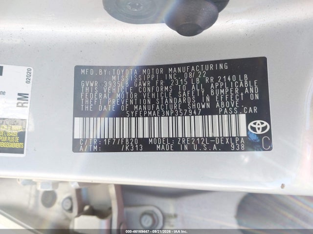 2022 Toyota Corolla Le მანქანა იყიდება აუქციონზე, vin: 5YFEPMAE3NP357947, აუქციონის ნომერი: 46169447