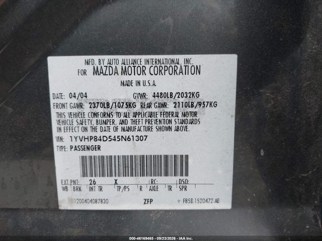 Продажа на аукционе авто 2004 Mazda Mazda6 S, vin: 1YVHP84D545N61307, номер лота: 46169465