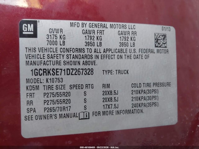 46169469 :رقم المزاد ، 1GCRKSE71DZ267328 vin ، 2013 Chevrolet Silverado 1500 Lt مزاد بيع