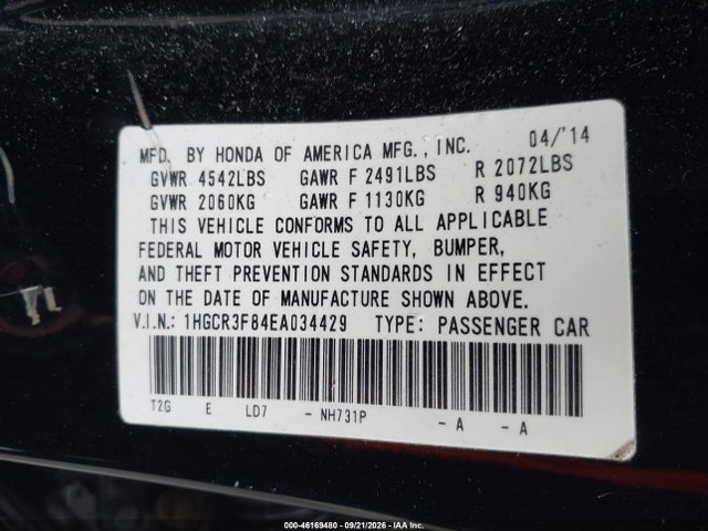 2014 Honda Accord Ex-l V-6 მანქანა იყიდება აუქციონზე, vin: 1HGCR3F84EA034429, აუქციონის ნომერი: 46169480