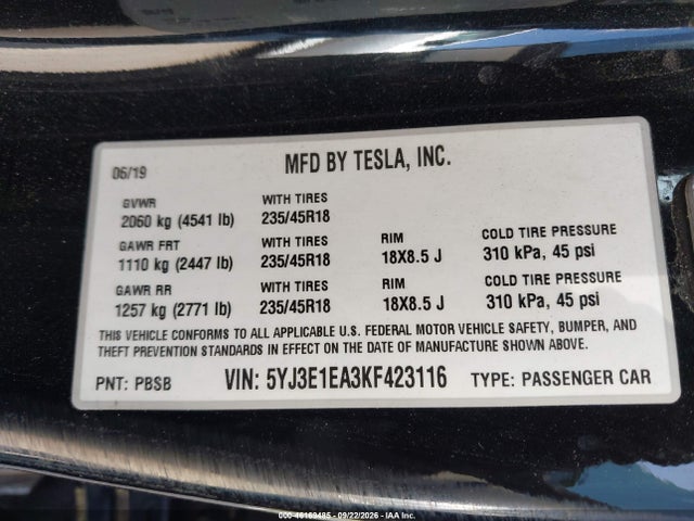 Продаж на аукціоні авто 2019 Tesla Model 3 Long Range/mid Range/standard Range/standard Range Plus, vin: 5YJ3E1EA3KF423116, номер лоту: 46169485