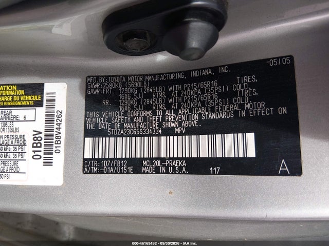 46169492 :رقم المزاد ، 5TDZA23C65S334334 vin ، 2005 Toyota Sienna Le مزاد بيع