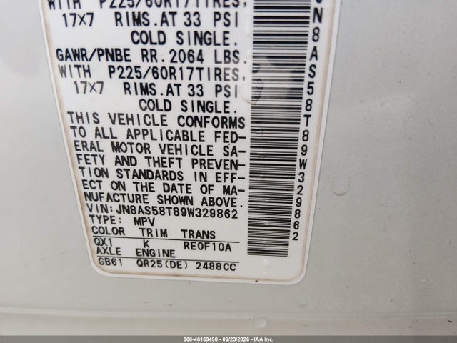 2009 Nissan Rogue Sl მანქანა იყიდება აუქციონზე, vin: JN8AS58T89W329862, აუქციონის ნომერი: 46169498