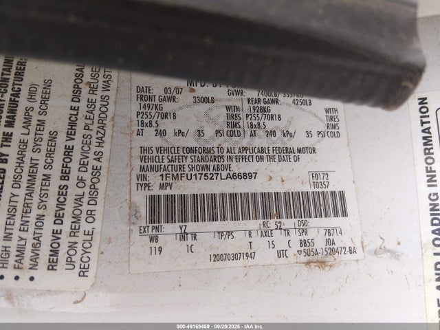 46169499 :رقم المزاد ، 1FMFU17527LA66897 vin ، 2007 Ford Expedition Eddie Bauer مزاد بيع