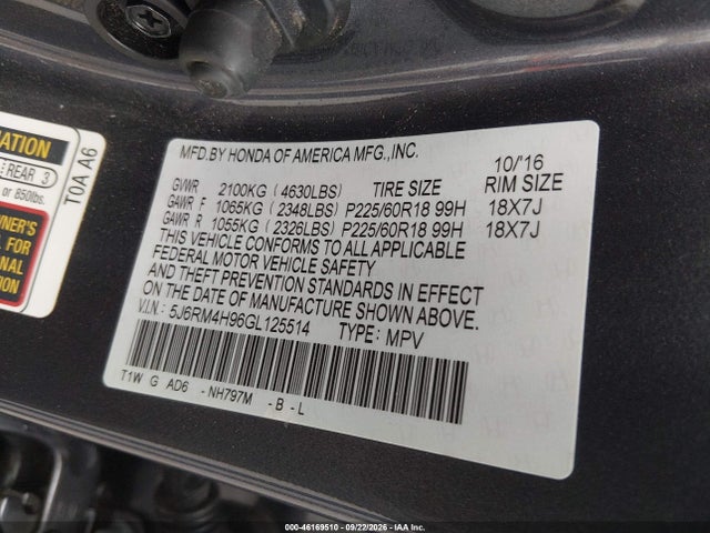 46169510 :رقم المزاد ، 5J6RM4H96GL125514 vin ، 2016 Honda Cr-v Touring مزاد بيع