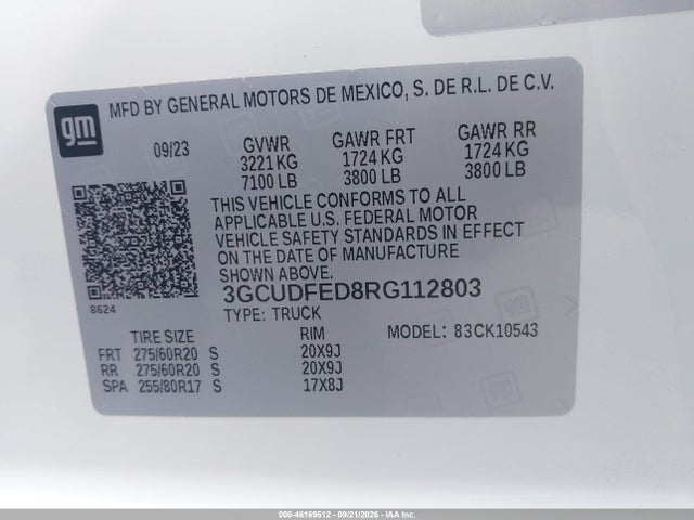 Aukcja sprzedaży 2024 Chevrolet Silverado 1500 4wd  Short Bed Lt Trail Boss, vin: 3GCUDFED8RG112803, numer aukcji: 46169512