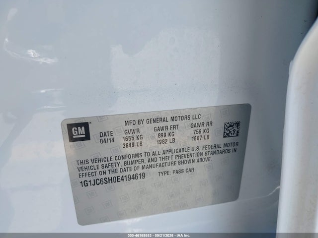 46169553 :رقم المزاد ، 1G1JC6SH0E4194619 vin ، 2014 Chevrolet Sonic Lt Auto مزاد بيع