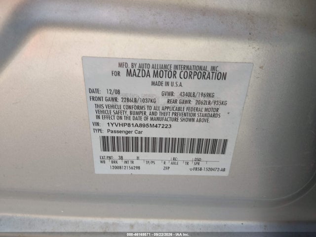 Aukcja sprzedaży 2009 Mazda Mazda6 I Sport, vin: 1YVHP81A895M47223, numer aukcji: 46169571