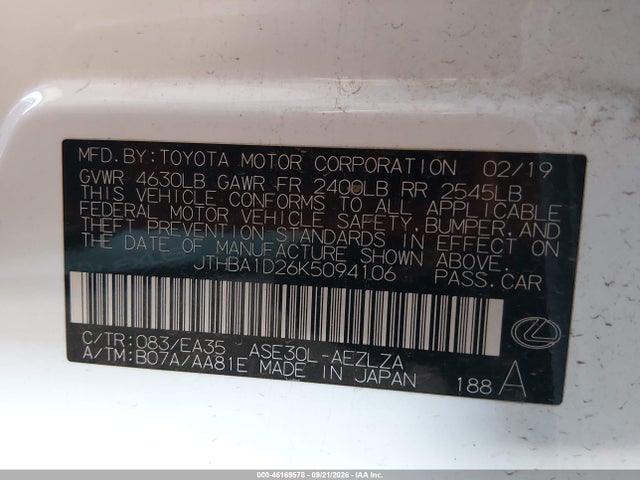 2019 Lexus Is 300 მანქანა იყიდება აუქციონზე, vin: JTHBA1D26K5094106, აუქციონის ნომერი: 46169578