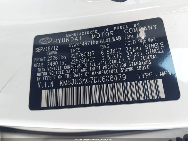 46169586 :رقم المزاد ، KM8JU3AC7DU608479 vin ، 2013 Hyundai Tucson Gls مزاد بيع