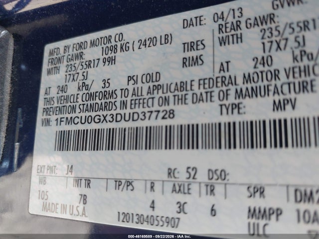 46169589 :رقم المزاد ، 1FMCU0GX3DUD37728 vin ، 2013 Ford Escape Se مزاد بيع