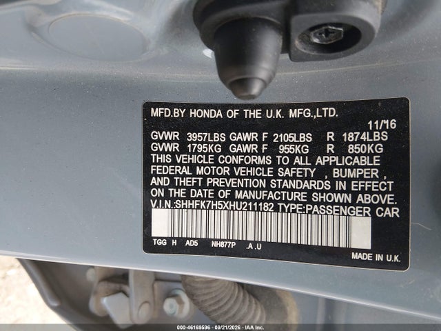 Honda CIVIC EX 2017 SHHFK7H5XHU211182 Image 9
