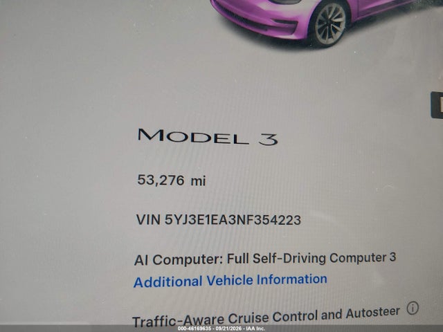 5YJ3E1EA3NF354223 Tesla Model 3 Rear-wheel Drive