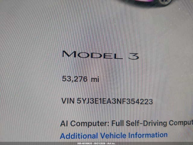 5YJ3E1EA3NF354223 Tesla Model 3 Rear-wheel Drive
