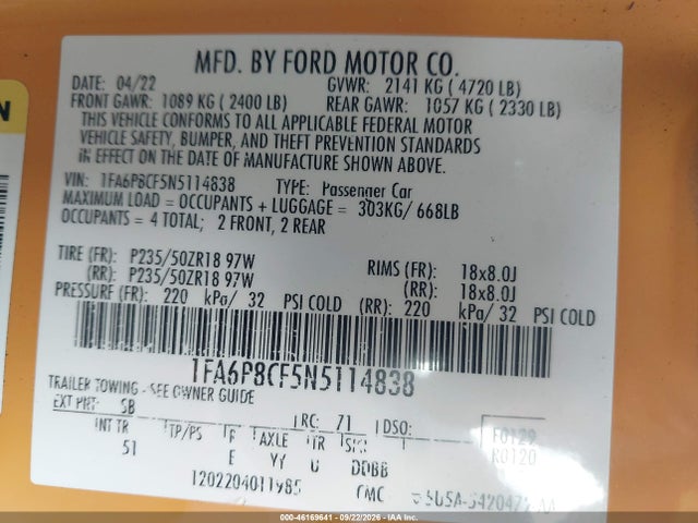 2022 Ford Mustang Gt Premium მანქანა იყიდება აუქციონზე, vin: 1FA6P8CF5N5114838, აუქციონის ნომერი: 46169641