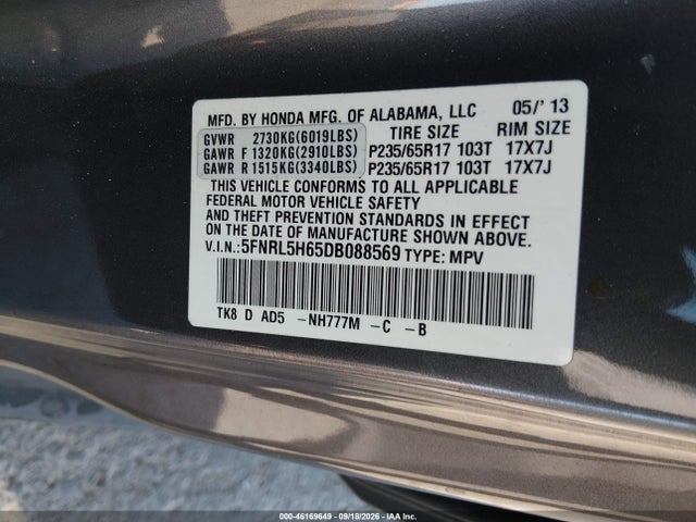 Продаж на аукціоні авто 2013 Honda Odyssey Ex-l, vin: 5FNRL5H65DB088569, номер лоту: 46169649