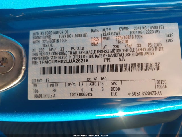 Aukcja sprzedaży 2020 Ford Escape Sel, vin: 1FMCU9H62LUA26218, numer aukcji: 46169652