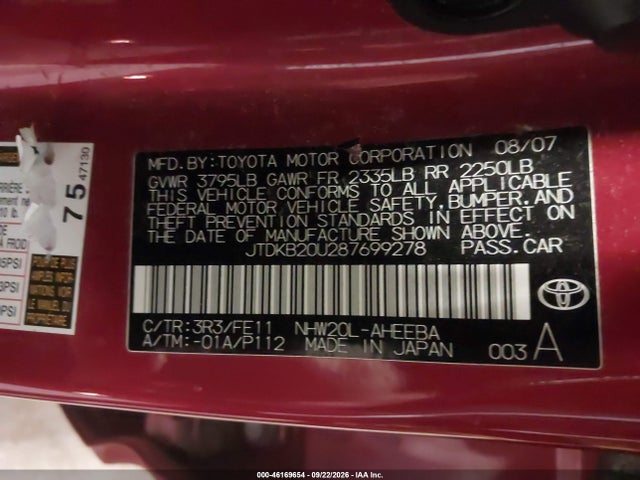 46169654 :رقم المزاد ، JTDKB20U287699278 vin ، 2008 Toyota Prius مزاد بيع