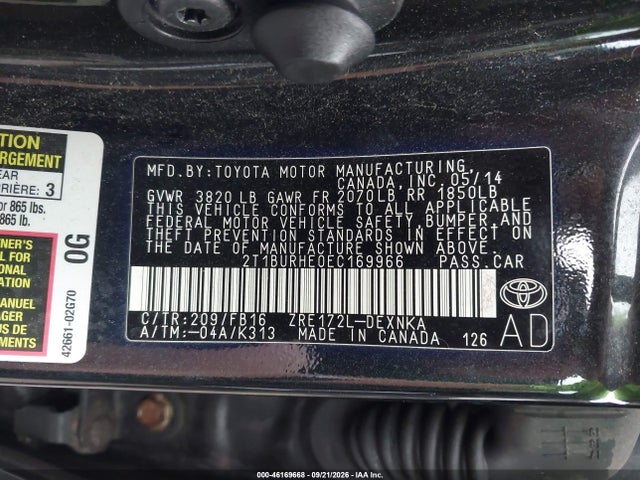 Aukcja sprzedaży 2014 Toyota Corolla Le, vin: 2T1BURHE0EC169966, numer aukcji: 46169668