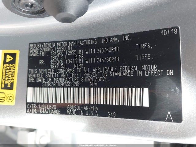 Продажа на аукционе авто 2019 Toyota Highlander Xle, vin: 5TDKZRFH2KS555208, номер лота: 46169669
