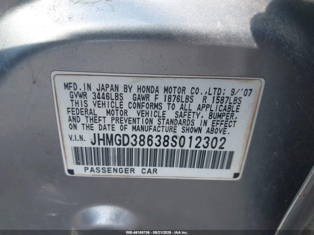 2008 Honda Fit Sport მანქანა იყიდება აუქციონზე, vin: JHMGD38638S012302, აუქციონის ნომერი: 46169706