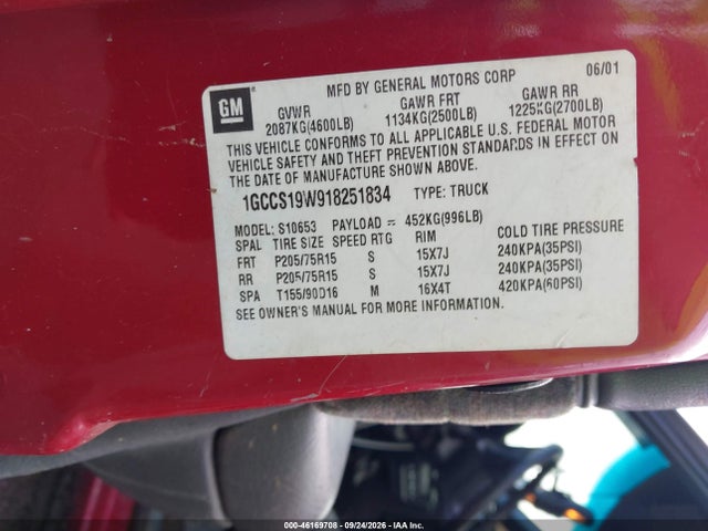 Aukcja sprzedaży 2001 Chevrolet S-10 Ls, vin: 1GCCS19W918251834, numer aukcji: 46169708
