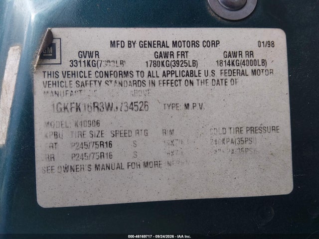Продаж на аукціоні авто 1998 Gmc Suburban 1500 Sl, vin: 1GKFK16R3WJ734526, номер лоту: 46169717