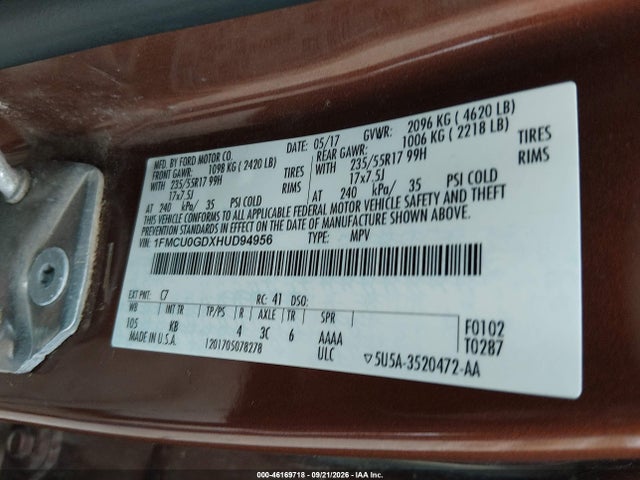 46169718 :رقم المزاد ، 1FMCU0GDXHUD94956 vin ، 2017 Ford Escape Se مزاد بيع