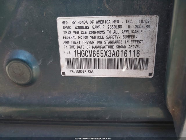 46169744 :رقم المزاد ، 1HGCM665X3A016116 vin ، 2003 Honda Accord 3.0 Ex مزاد بيع