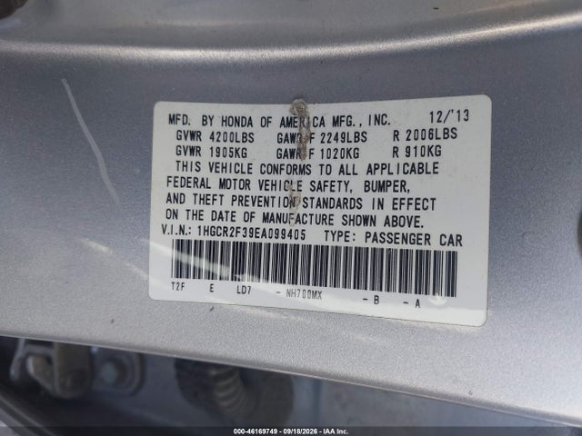 Honda ACCORD LX 2014 1HGCR2F39EA099405 Image 9