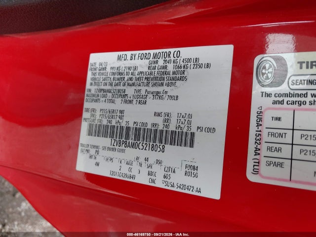 Продажа на аукционе авто 2012 Ford Mustang V6 Premium, vin: 1ZVBP8AM0C5218058, номер лота: 46169750