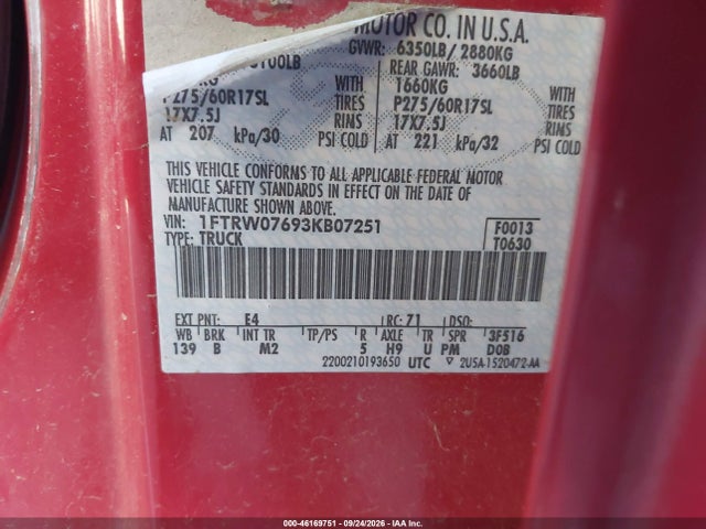 46169751 :رقم المزاد ، 1FTRW07693KB07251 vin ، 2003 Ford F-150 Lariat/xlt مزاد بيع