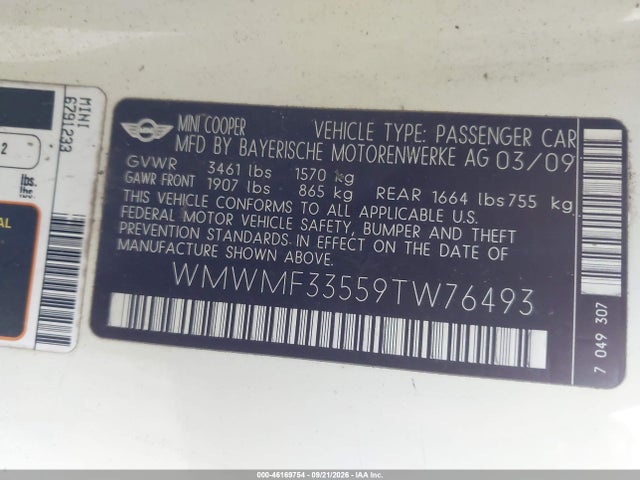 Продаж на аукціоні авто 2009 Mini Cooper, vin: WMWMF33559TW76493, номер лоту: 46169754