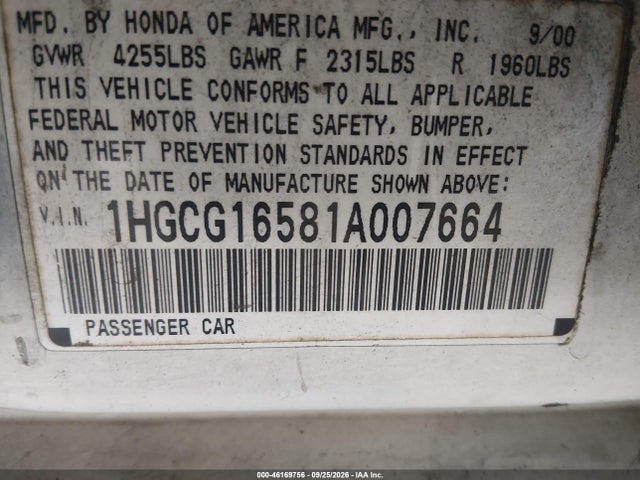 Aukcja sprzedaży 2001 Honda Accord 3.0 Ex, vin: 1HGCG16581A007664, numer aukcji: 46169756