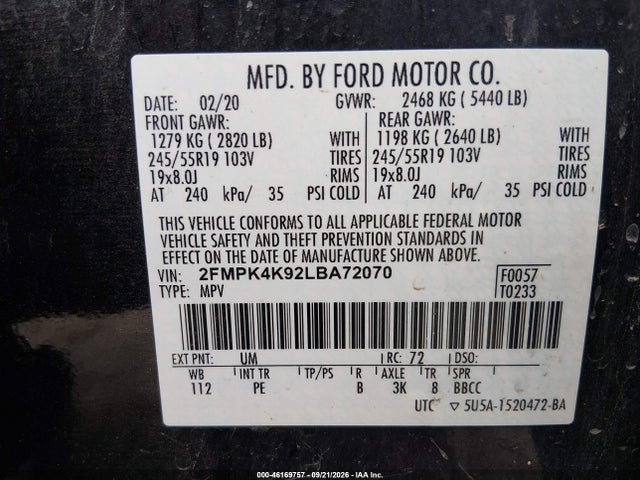 Продажа на аукционе авто 2020 Ford Edge Titanium, vin: 2FMPK4K92LBA72070, номер лота: 46169757